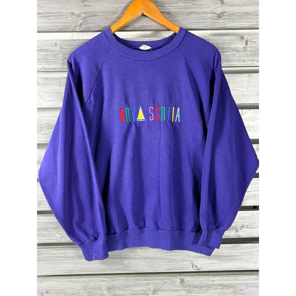 Vtg 80s Nova Scotia Sweatshirt Mens L shirt Purple Embroidered Raglan distressed